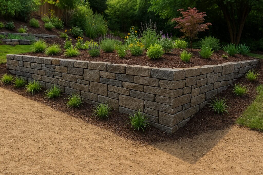 Retaining wall with stone blocks and landscaped garden with ornamental plants in Seattle