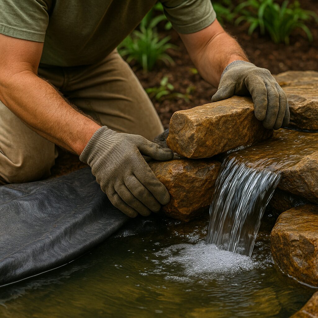 Landscaper installing natural stone waterfall feature in garden pond