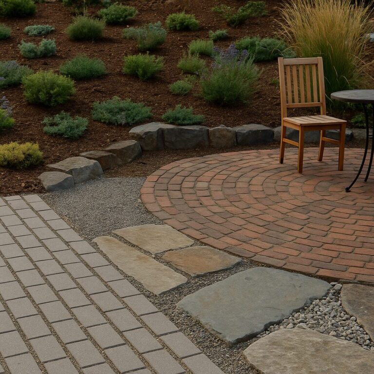 Sustainable patio with mixed stone pavers, surrounded by mulch and green shrubs