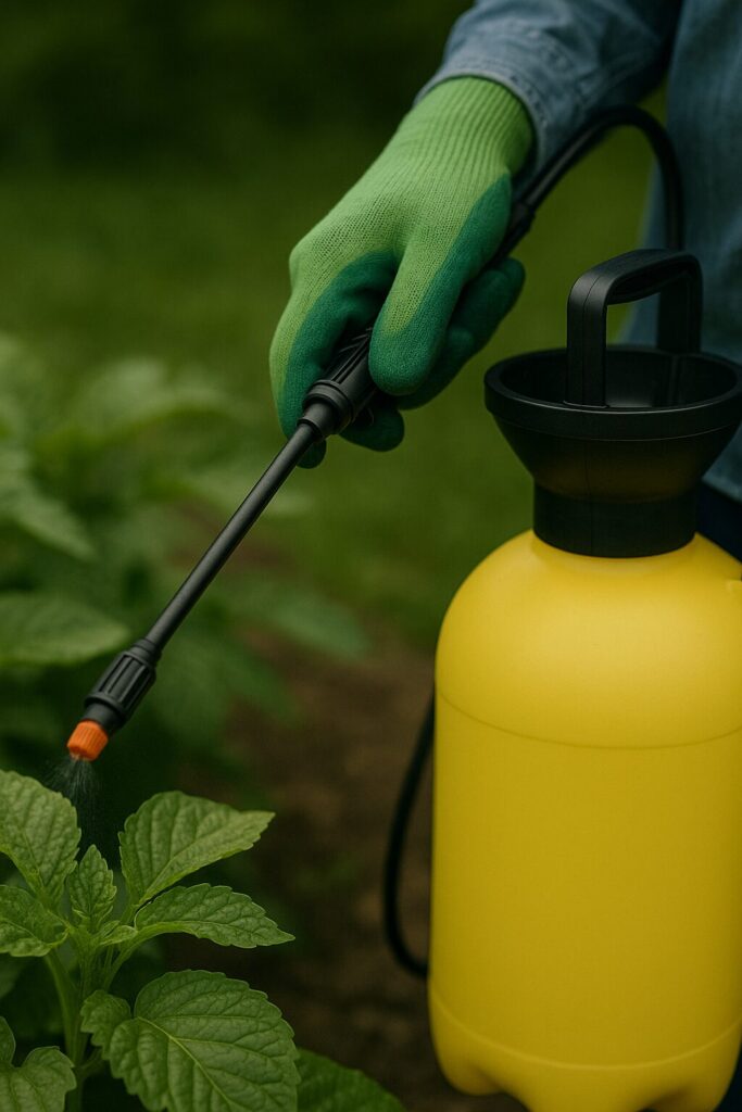 Gloved hand spraying plants with yellow garden sprayer in sustainable gardening