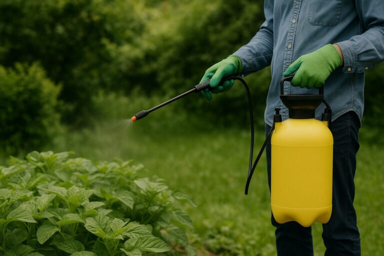 Person wearing green gloves spraying plants with a yellow garden sprayer in a lush green garden