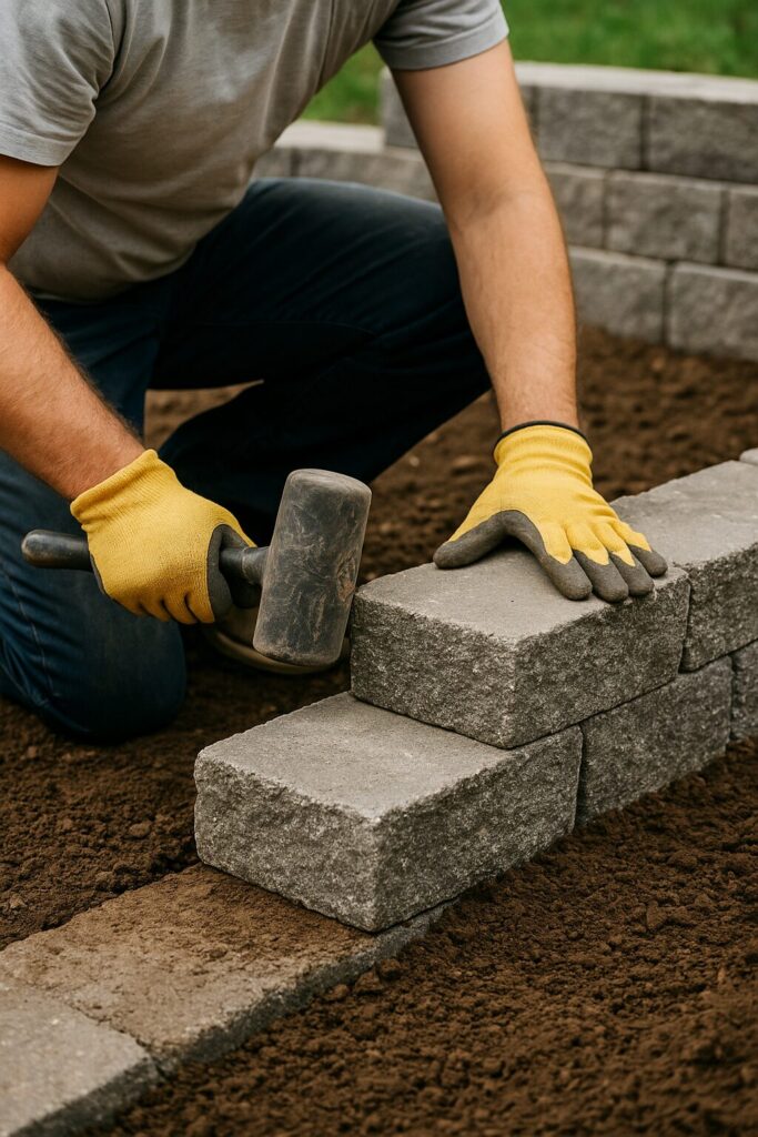 Landscaper installing stone bricks for garden retaining wall with rubber mallet