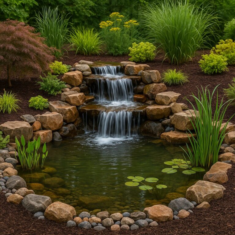 Sustainable backyard pond with cascading waterfall and lush green plants