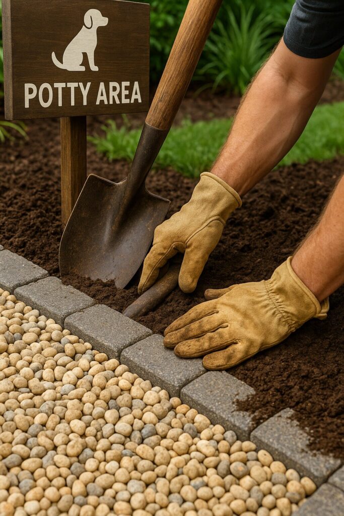 Gardener installing stone border for dog potty area with shovel and gloves