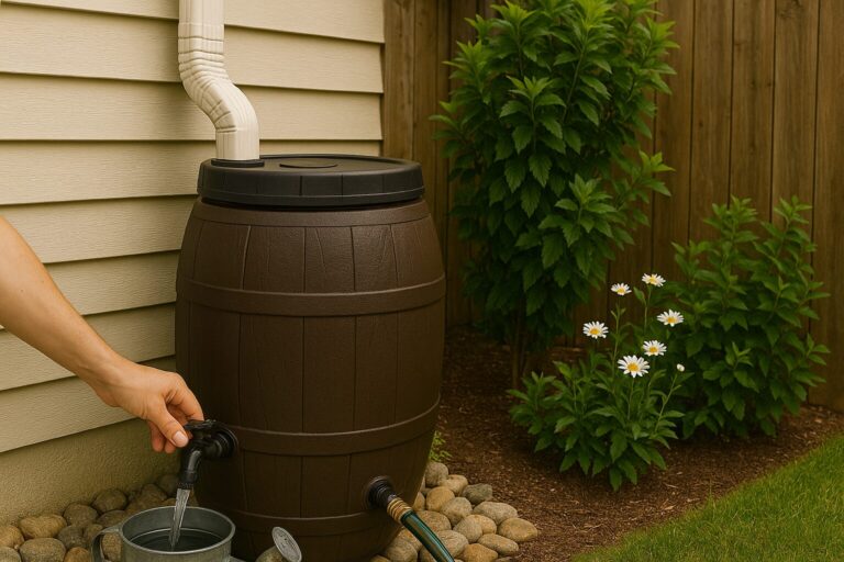 Rain barrel collecting water from house downspout for sustainable garden irrigation