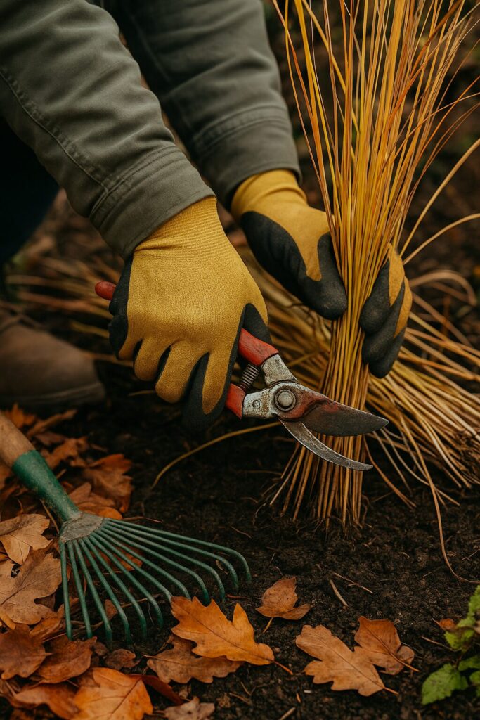 Gardener wearing yellow gloves pruning dried plants with garden shears in organic soil