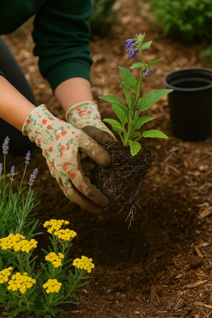 Gardener planting a small flowering plant with purple blossoms into soil