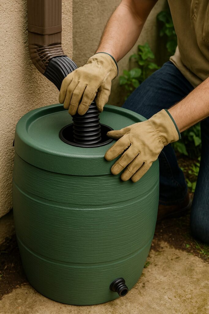 Person installing rainwater collection barrel connected to a downspout