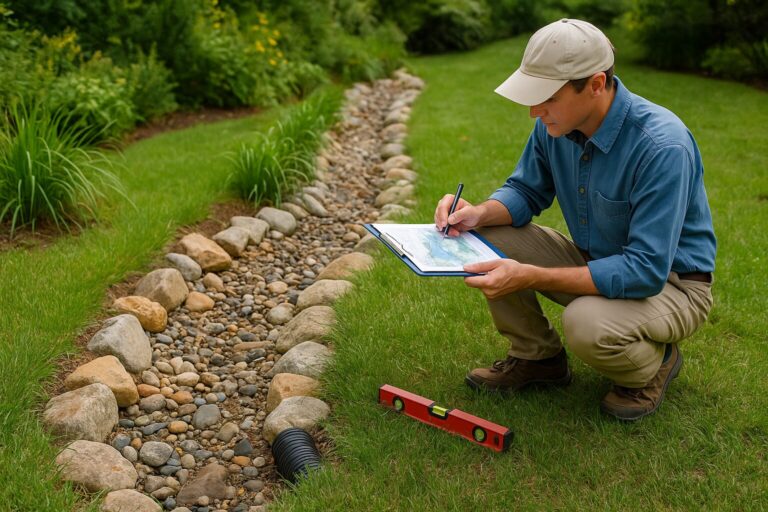 Landscape professional inspecting and planning a sustainable rock-lined drainage system
