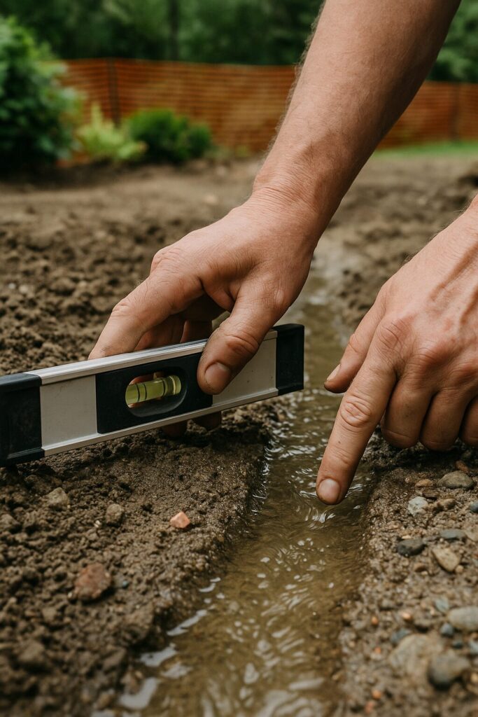 Person using a level tool to check slope in soil trench for drainage