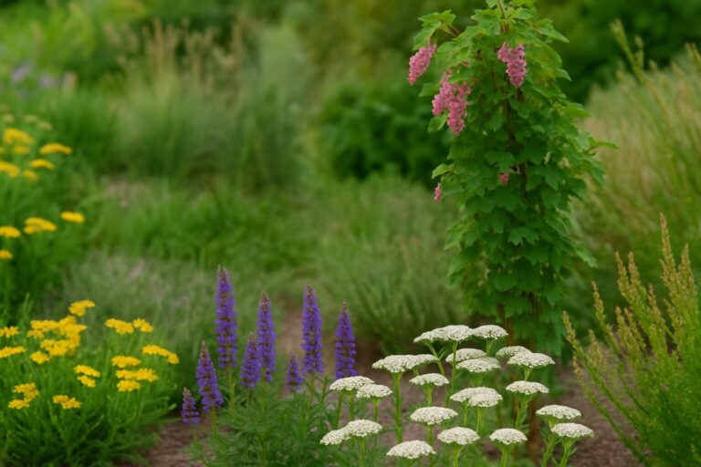 Sustainable garden with diverse flowering plants including yellow, purple, white, and pink blooms