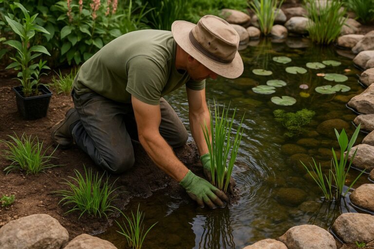 Man planting aquatic plants in a garden pond surrounded by stones and greenery