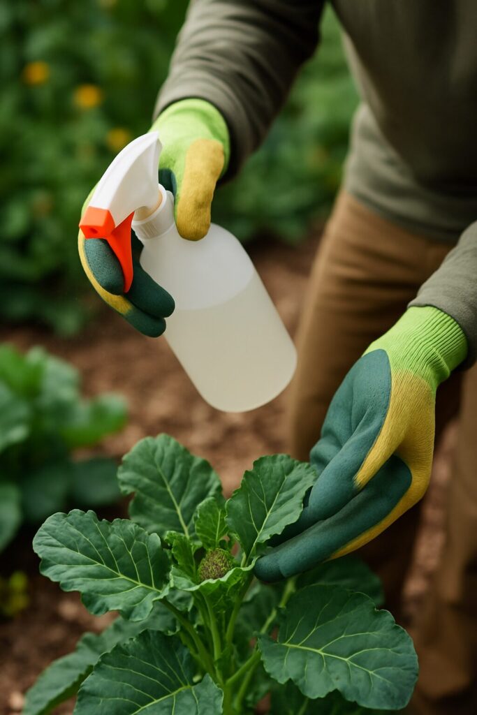 Person wearing gloves spraying plant with water from spray bottle in garden