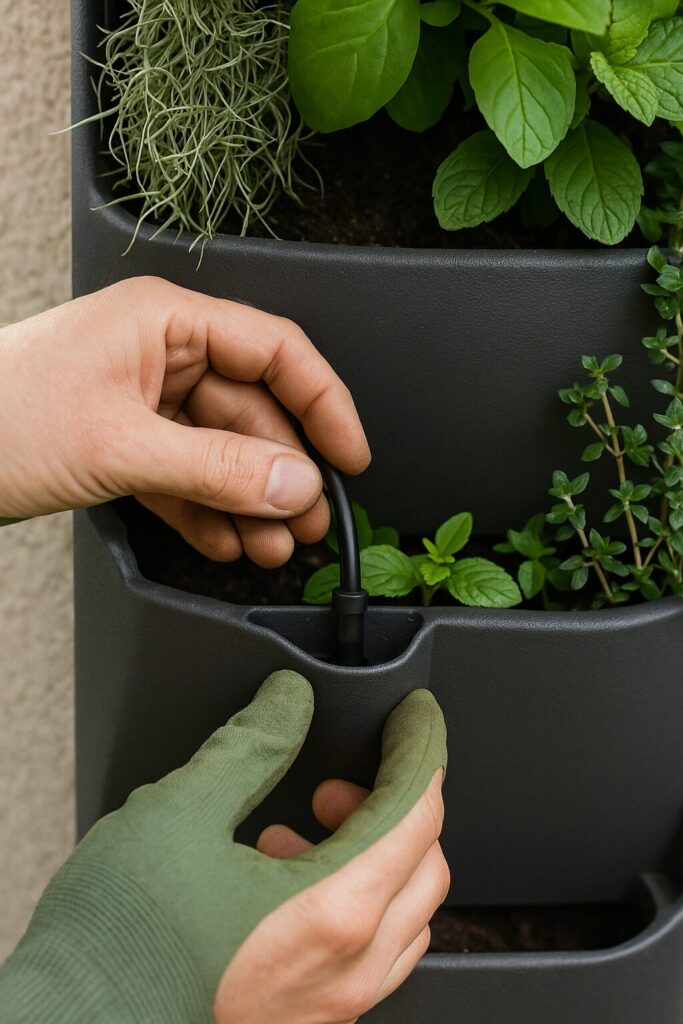 Hands installing drip irrigation system in vertical garden planter with herbs