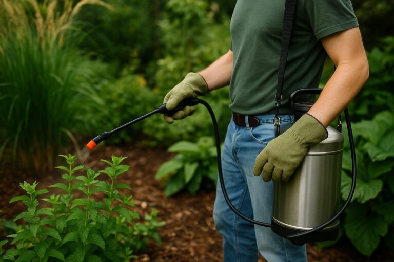 Gardener wearing gloves spraying plants with pesticide sprayer in a green garden