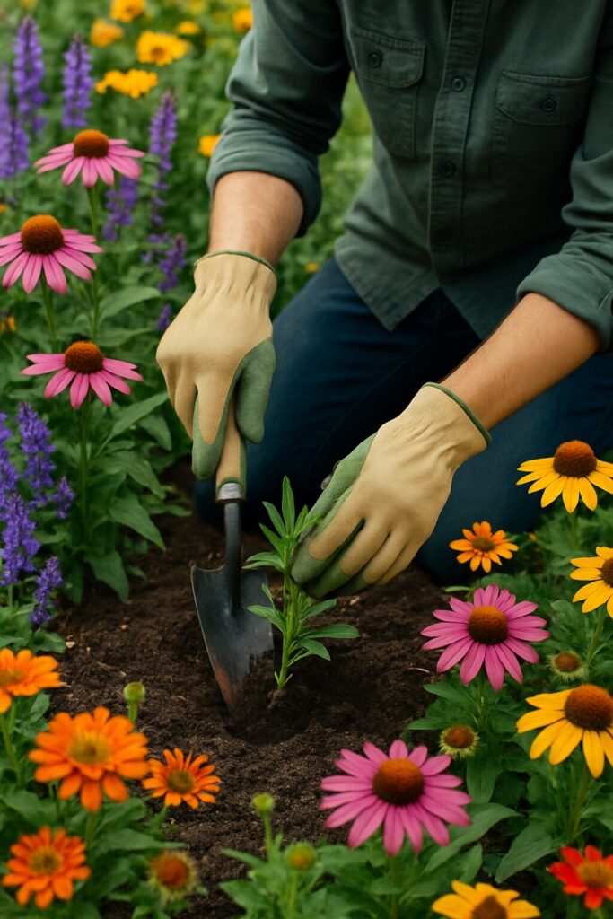 Gardener planting a young plant surrounded by colorful flowers in a sustainable garden