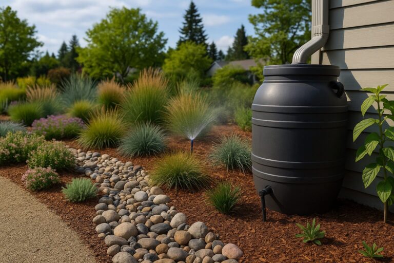 Rainwater collection barrel with sprinkler-irrigated sustainable garden
