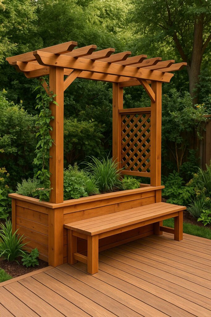 Wooden pergola with built-in planter and bench on a deck surrounded by green foliage