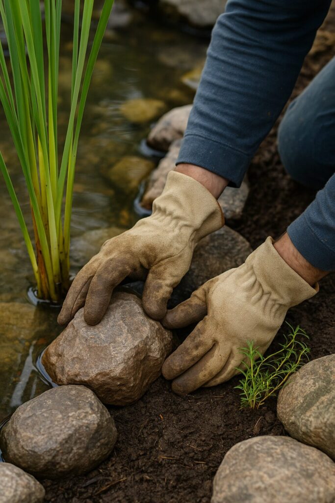 Gardener wearing gloves arranging stones by a pond with green plants for sustainable landscaping