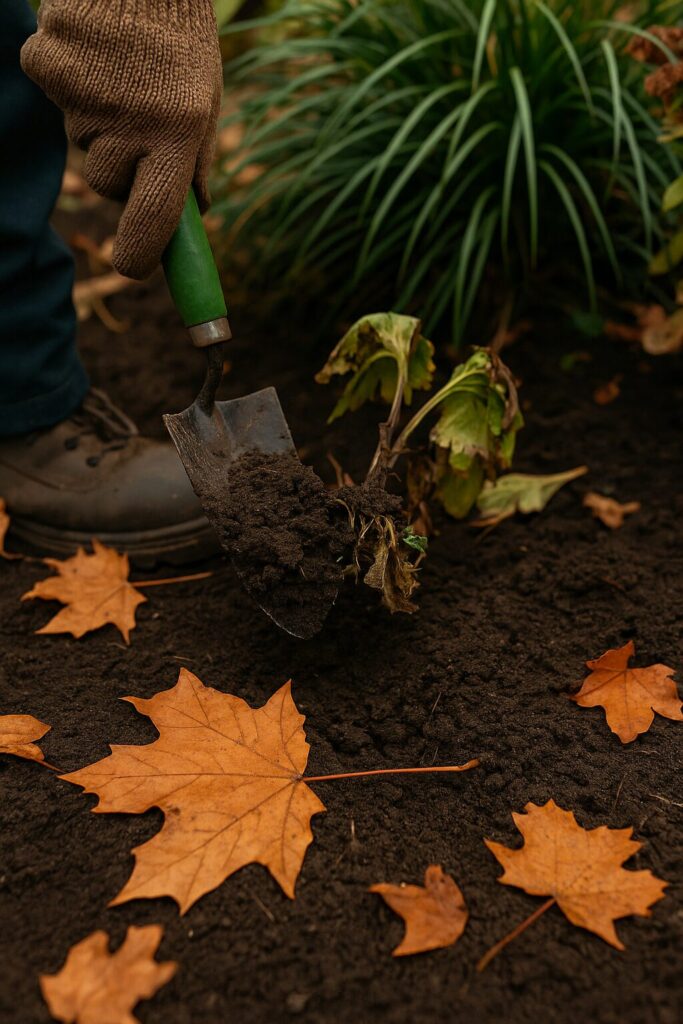 Gardener digging soil with a hand trowel among autumn leaves