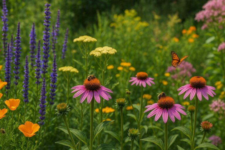 Wildflower garden with purple coneflowers, poppies, bees, and a butterfly in a lush green setting