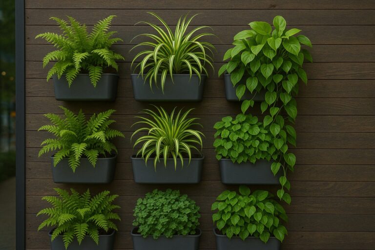 Wall-mounted black planters with green foliage against wooden wall