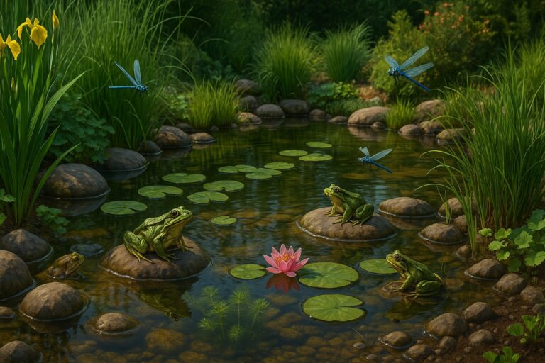 Frogs on rocks and blue dragonflies around a pond with lily pads and yellow flowers