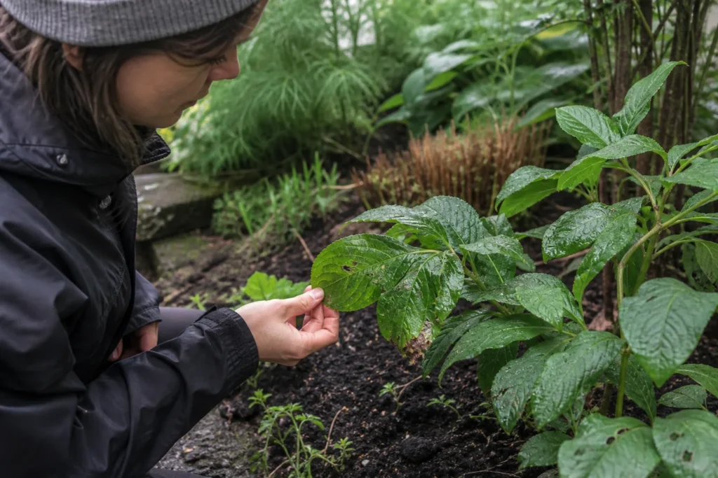 Gardener inspecting damaged leaves and nearby soil in a residential garden