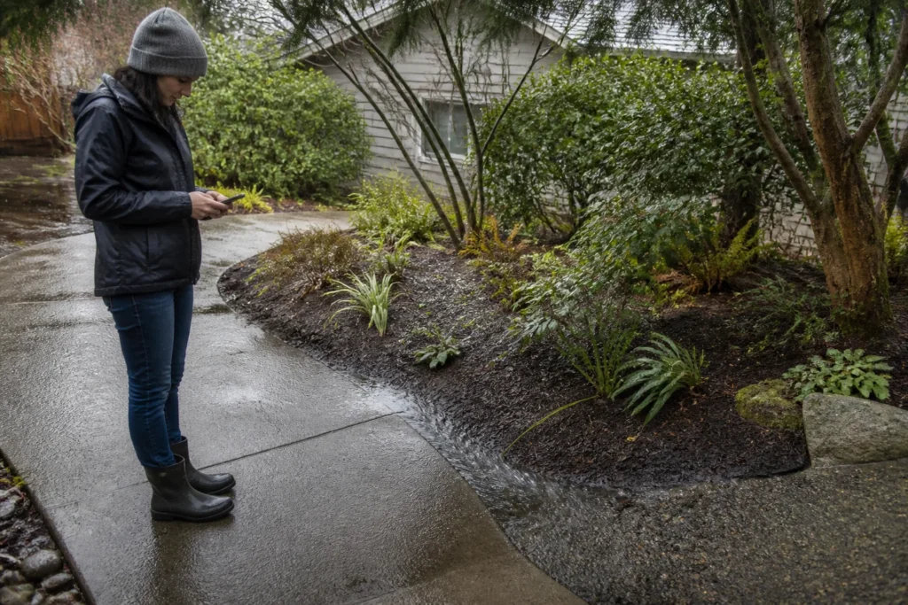 Homeowner observing rainwater moving from a paved path into a planted yard edge
