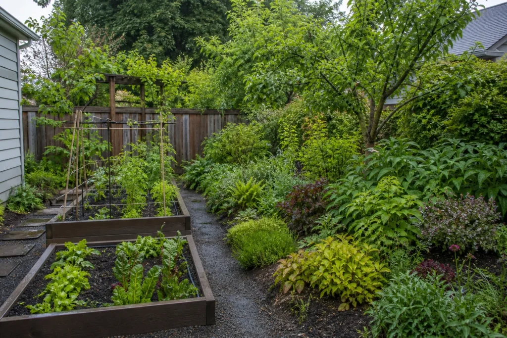 Residential garden with seasonal edible beds beside layered perennial shrubs and trees