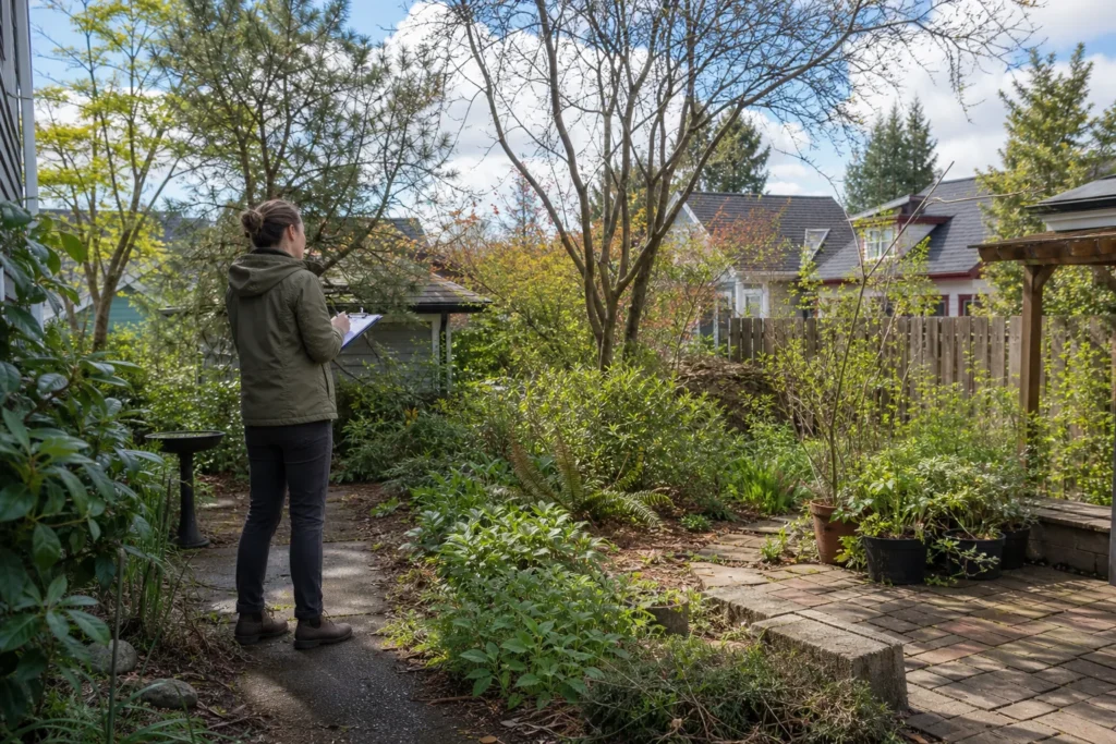 Representative Columbia City-area scene of a landscape designer documenting sun and hardscape