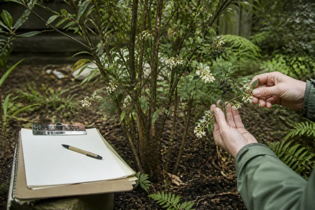 Leaves, stems, bark, flowers, and fruit documented during a plant identification assessment