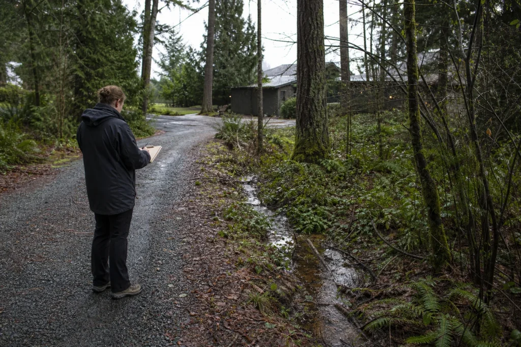 Representative Vashon-area scene of a designer documenting access, existing trees, and visible water movement
