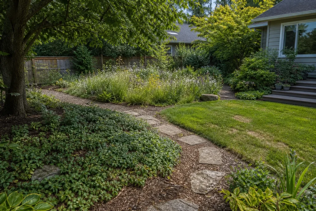 Seattle yard with a sunny meadow-like planting, shaded groundcover, and a small lawn area arranged for different uses