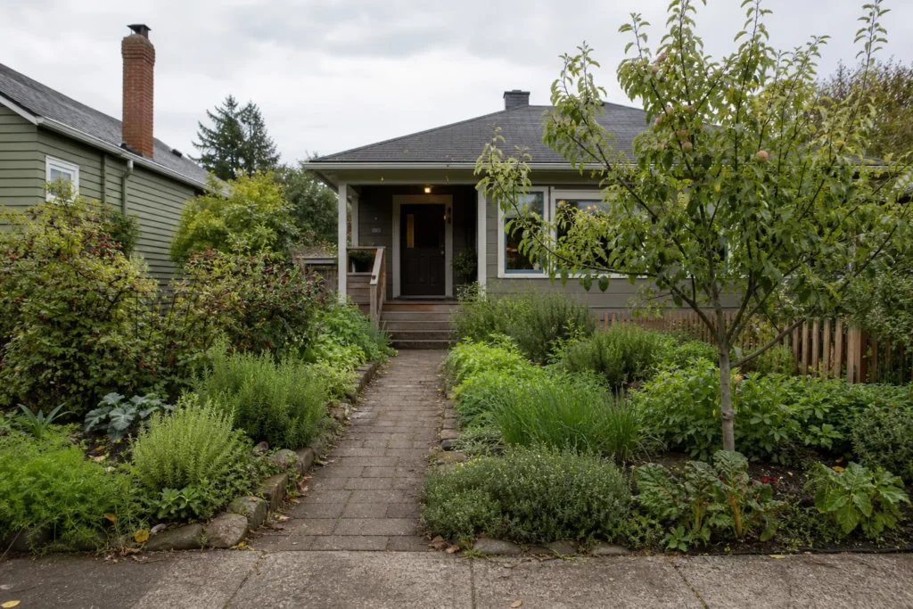 Seattle front-yard edible landscape with a clear entry path and layered planting beside it