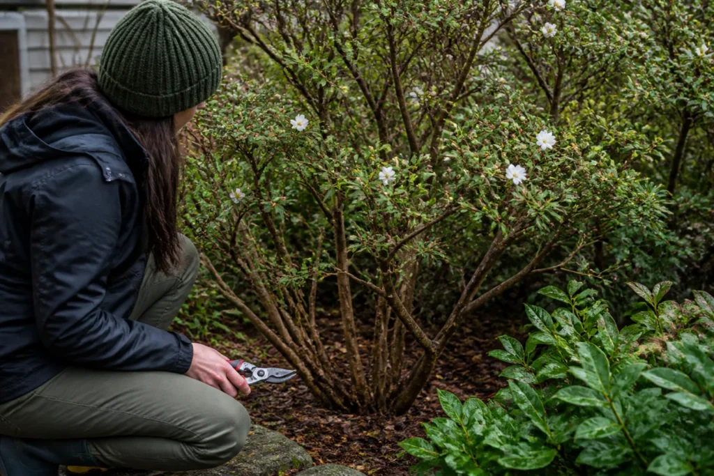 Ground-level assessment of a flowering shrub before selective fine pruning in a Seattle garden