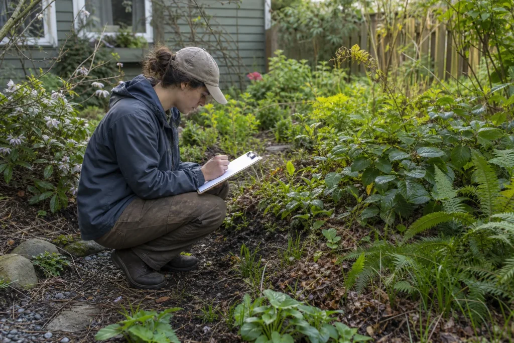 Gardener observing plant and soil conditions during an ecological stewardship visit in a Seattle garden