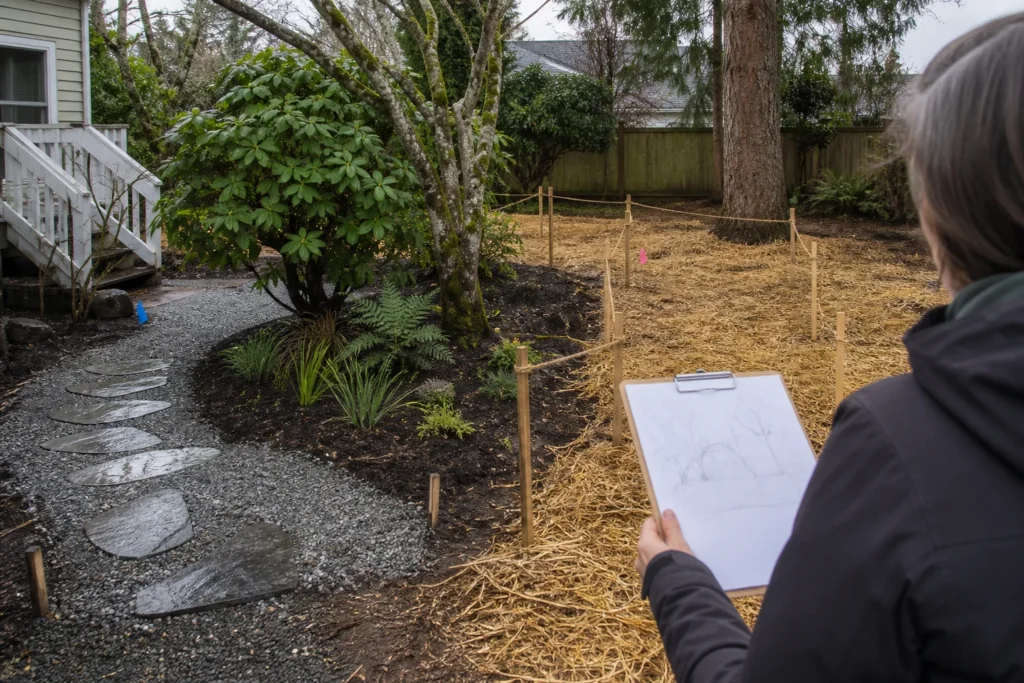Phased landscape plan beside protected soil and existing plants in a Seattle yard