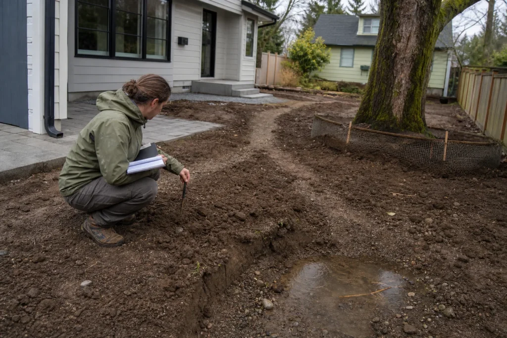 Landscape professional assessing disturbed soil, drainage, and an existing tree before planting