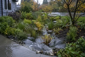 Established Seattle rain garden with a planted basin during autumn rain