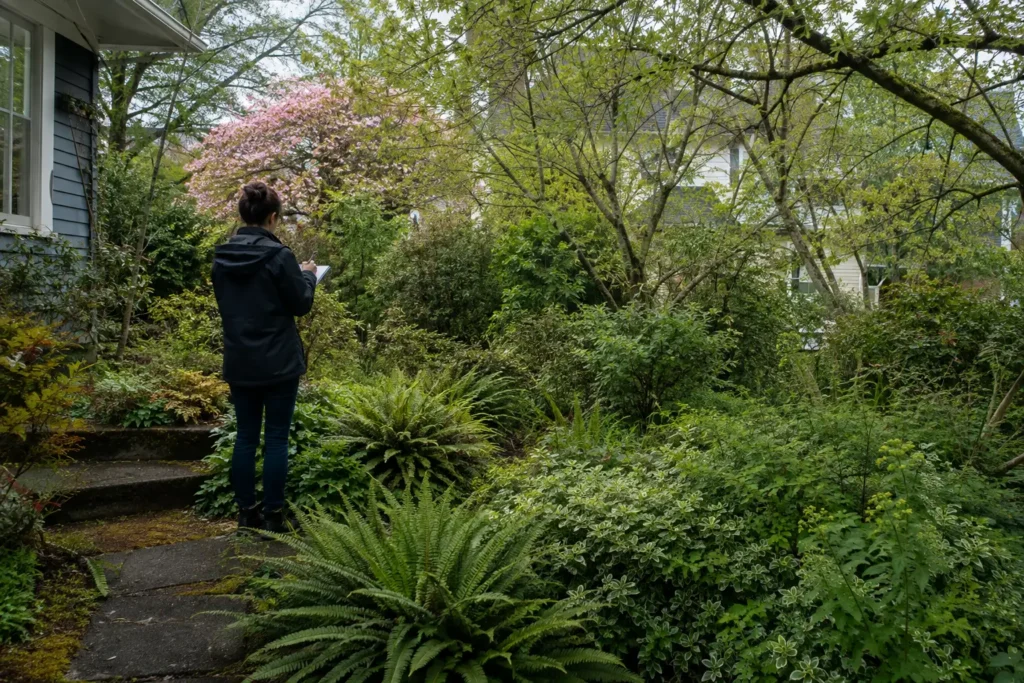 Homeowner documenting an overgrown Seattle garden before clearing