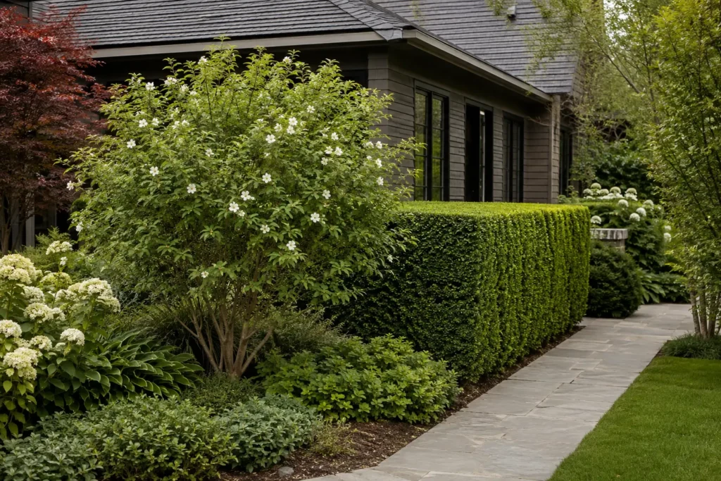 Natural-form ornamental shrub beside a formally sheared hedge