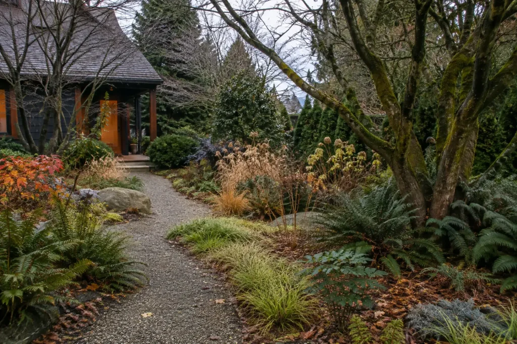 Seattle winter garden with evergreens, bare branches, and retained seed heads
