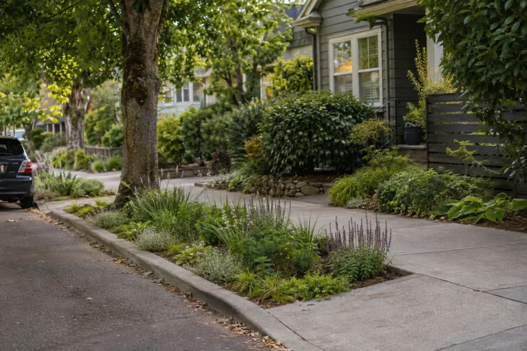 Low planting strip between a Seattle curb and sidewalk