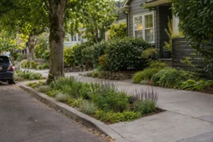 Low planting strip between a Seattle curb and sidewalk