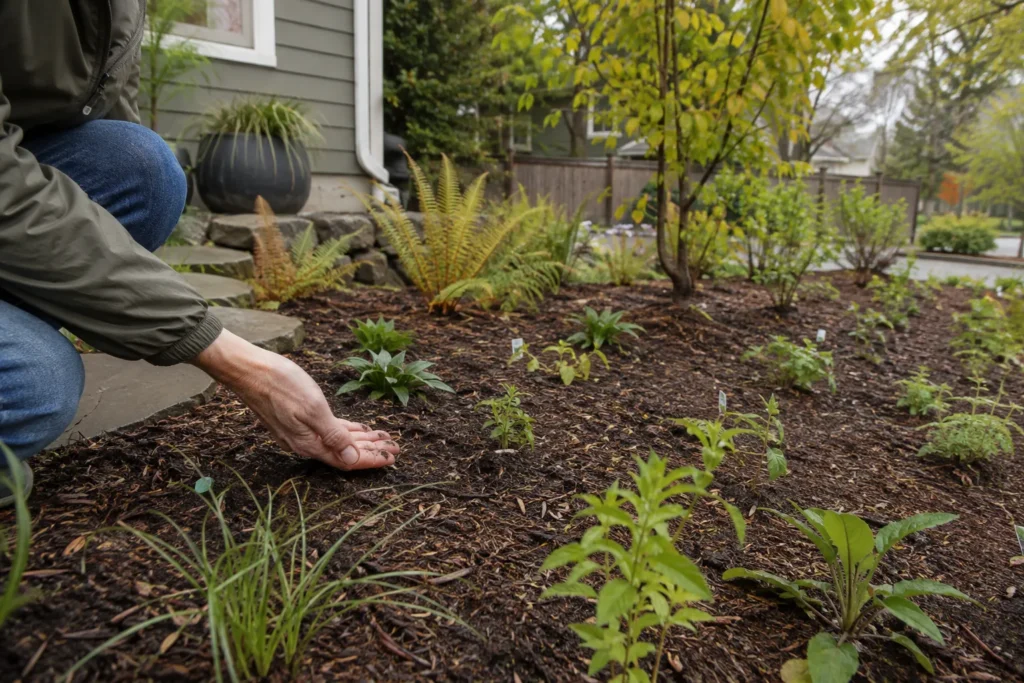 Homeowner checking soil in a newly installed native planting bed