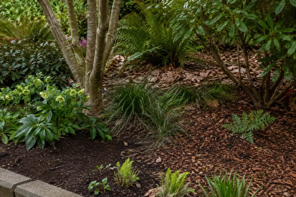 Established garden bed with compost, wood mulch, and retained leaves