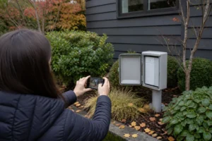 Homeowner documenting visible irrigation components before winter