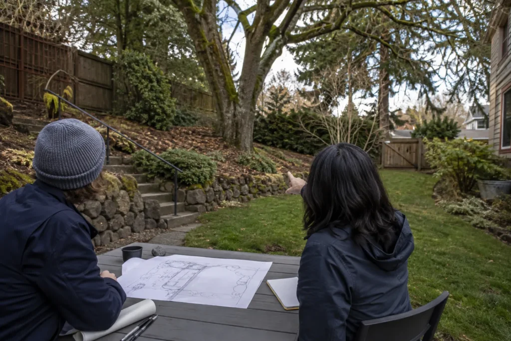 Homeowners reviewing a site sketch beside a sloped Seattle yard
