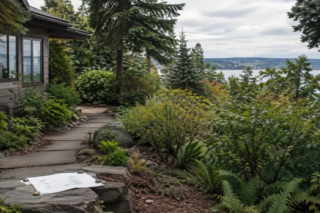 Seattle shrub planting zone beside a garden path and open view